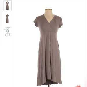 Eileen Fischer Empire Waist V-Neck Short Sleeve Asymmetric Midi Dress Taupe XS